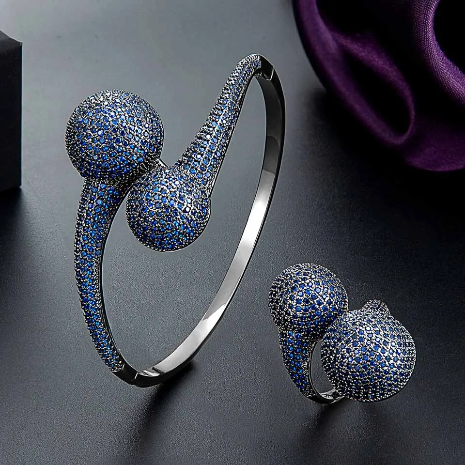 Zlxgirl Blue  Luxury Disco Ball African Bangle Ring Fashion Jewelry Sets for Women Wedding Engagement Couple bracelet aneis anel