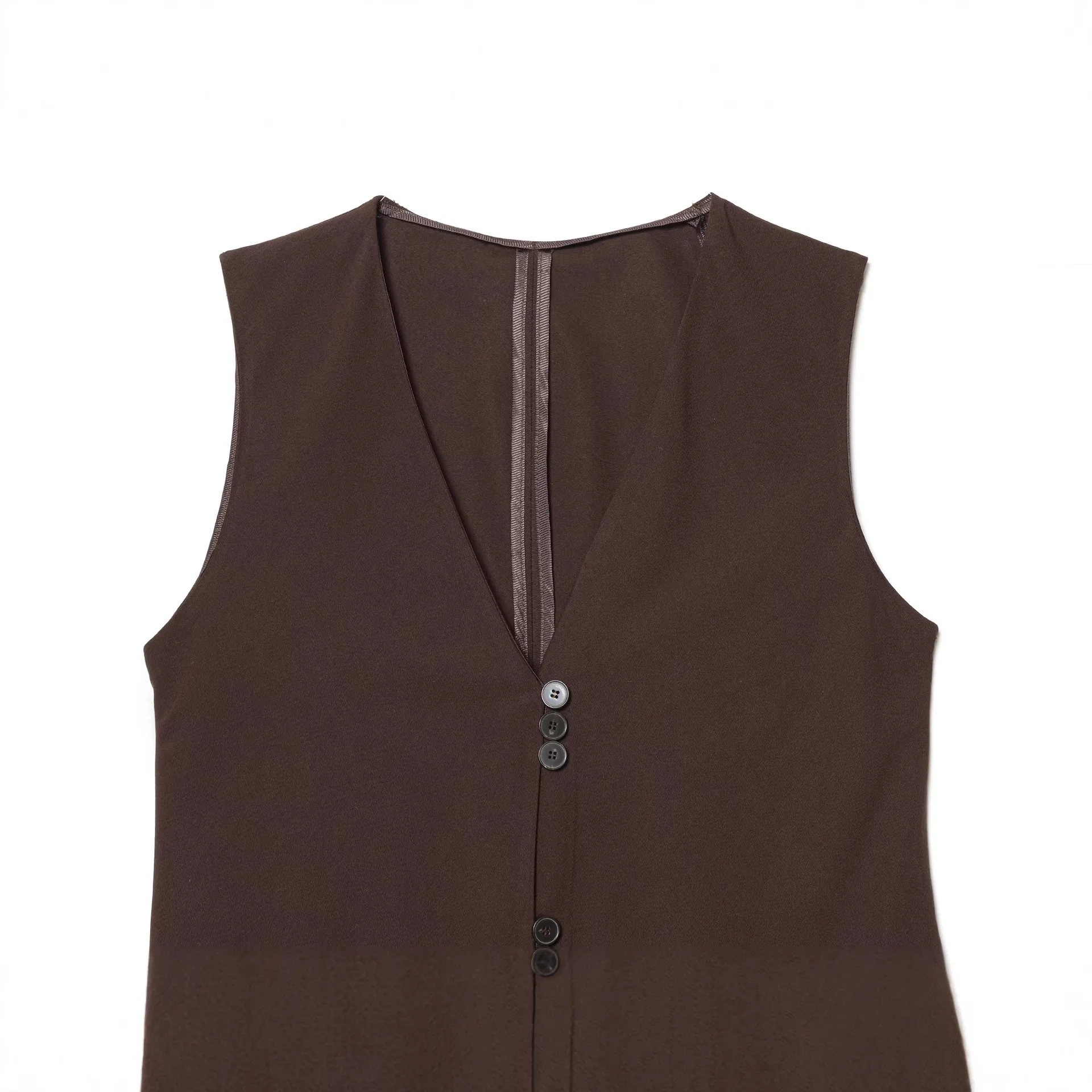 Women's Asymmetrical Lace Trim Vest Sleeveless V-Neck Button Down Brown Waistcoat Streetwear Top
