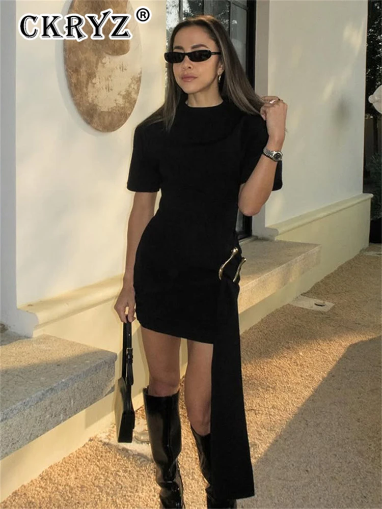 Ladies O-Neck Short Sleeves Lace Up Bodycon Metal Button New Mini Dress Solid Casual Elegant Short Dress Club Streetwear Outfits