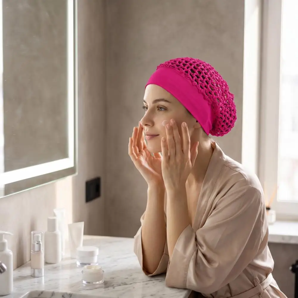 Women Mesh Crochet Hairnet, Wide Elastic Band, Breathable Knit Snood Hat, Non-slip Turban Liner Cap, Hair Wrap for Sleeping