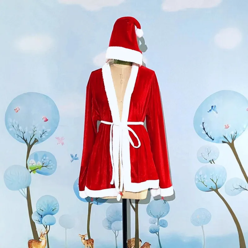 سانتا كلوز زي الأحمر المخملية كيب الكبار أعلى السراويل قبعة ثلاث قطع تأثيري الرأس