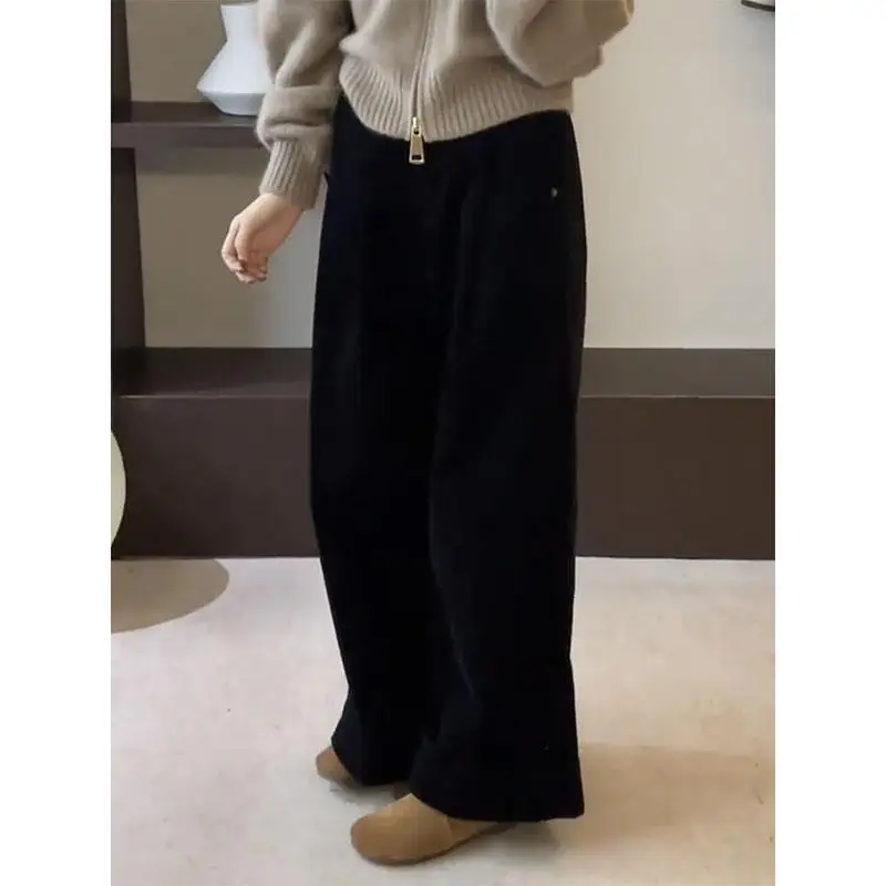 ハイウエストワイドレッグコーデュロイパンツ韓国風スリムカジュアルパンツ女性用秋冬ファッショナブルストレートパンツ