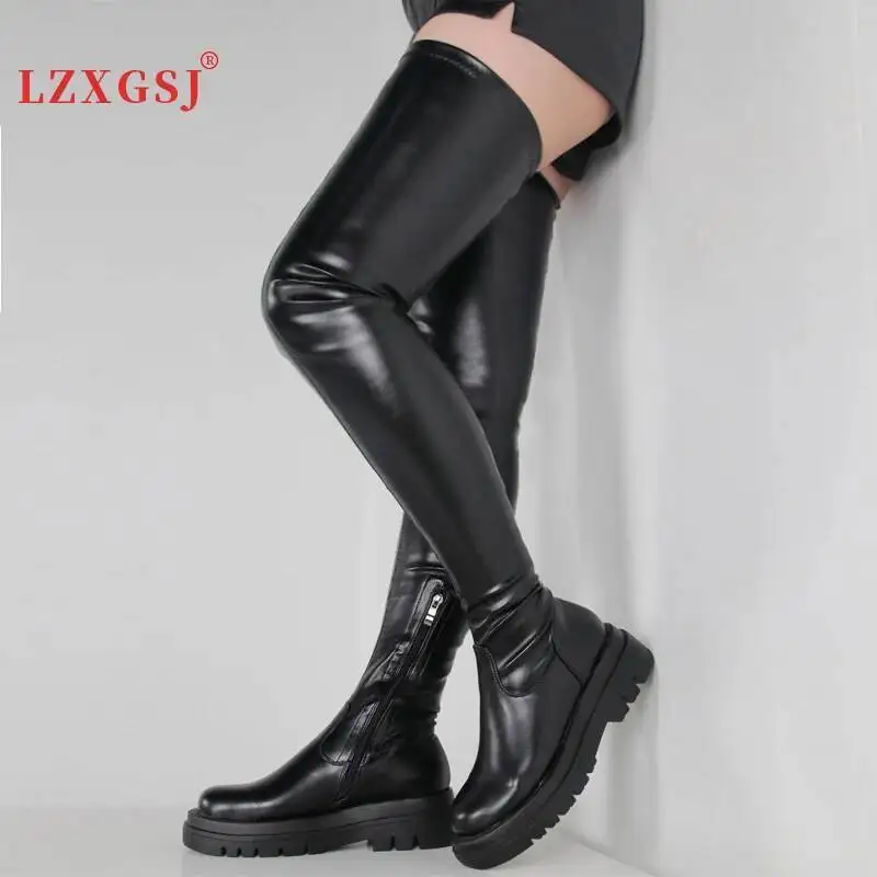 Low Heels Comfortable Platform Women\'s Over The Knee Boots Black Thick Sole Long Boots With Side Zip