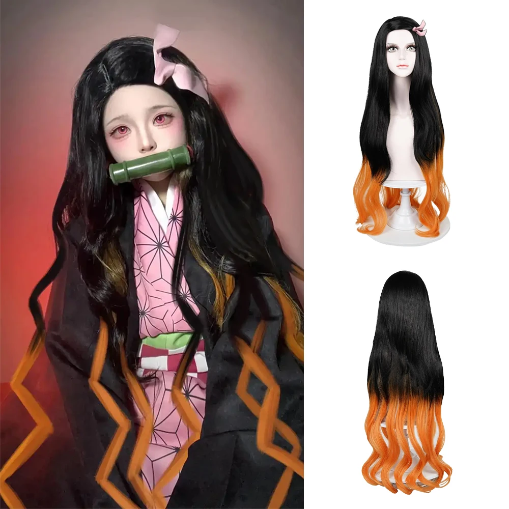 

High-Quality Anime Demon Slayer Kamado Nezuko Cosplay Composite Hair 32-Inch Long Curly Hair Halloween Daily Party Wig Natural