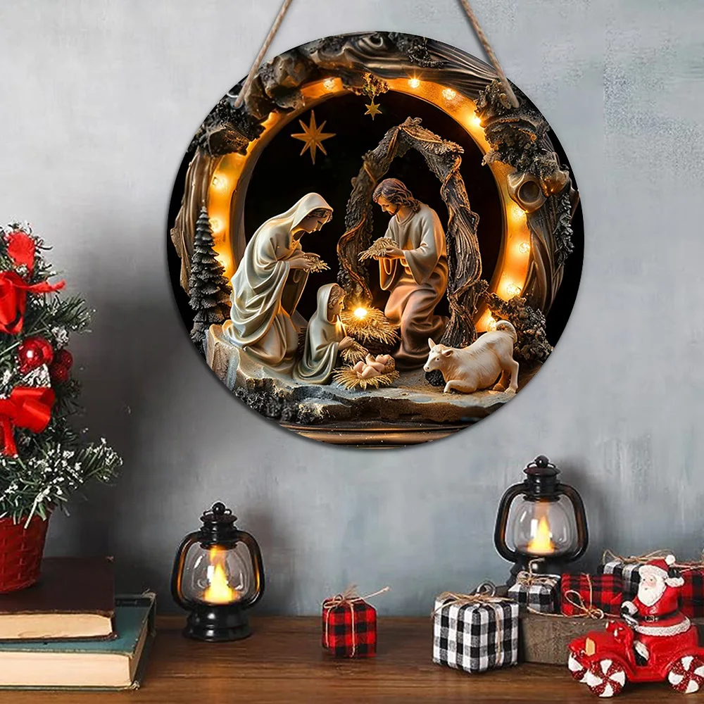 Nativity Scene Wooden Sign 2D Relief Effect of Jesus Round Christmas Ornament for Church Front Door Wall Hanging Decor Ideal