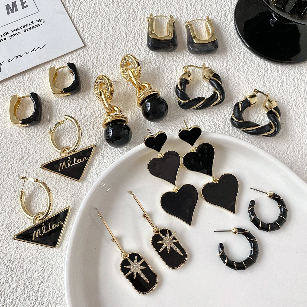 Lifefontier Vintage Black Enamel Resin Geometric Drop Earrings For Women Exaggerate Heart Round Bamboo Earring Pendant Jewelry view 4