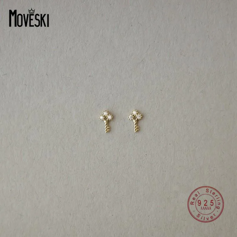 

MOVESKI 925 Sterling Silver Plated 14K Gold Korean Micro-Encrusted Zircon Key Stud Earrings Women Small Cute Student Jewelry