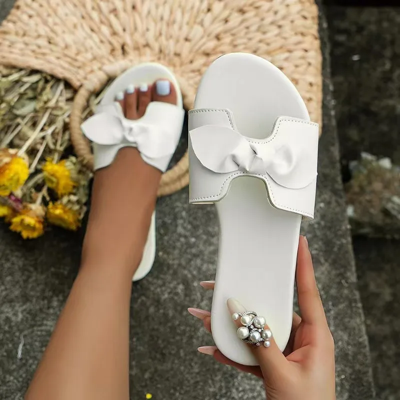 Zapatillas planas con nudo de mariposa para Mujer, sandalias informales, sandalias de playa de Color sólido, zapatos de verano