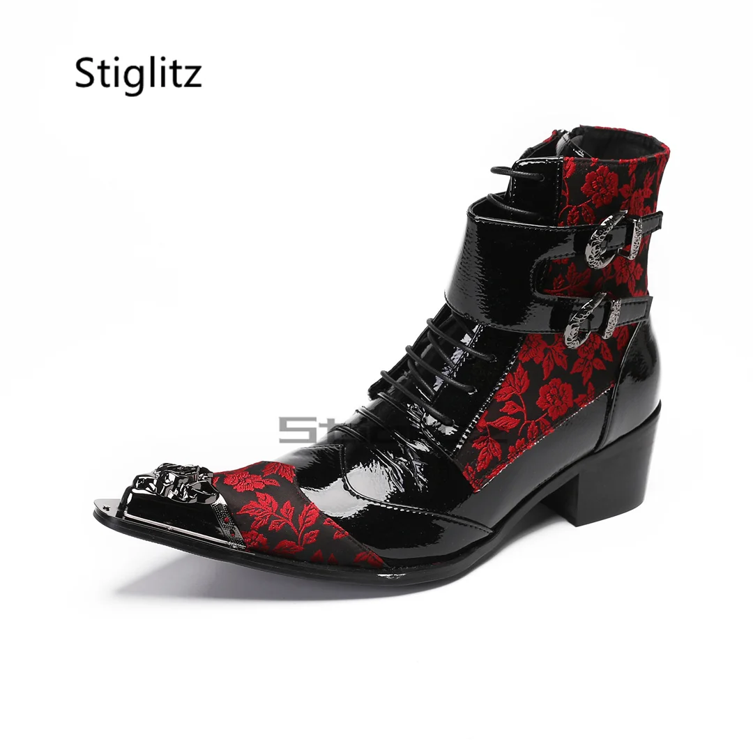 

Red Prints Mixed Colors Patent Leather Men's Boots Double Buckle High Heels Male Shoes Metal Pointed Toe Chelsea Ankle Boots