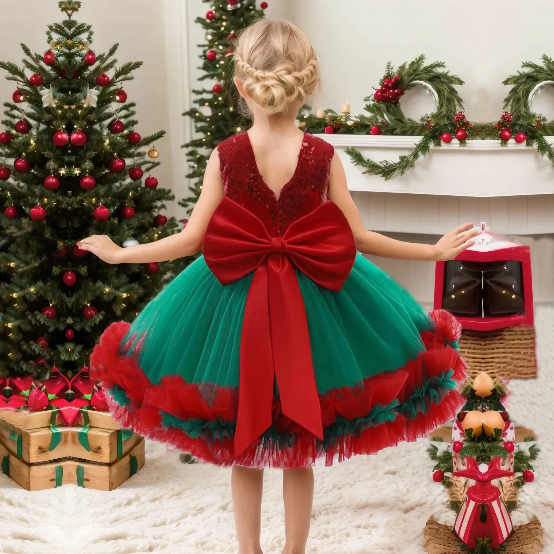 New Years Baby Girls\' Christmas Dress Elegant Sequins Big Bow Princess Party Wedding Dresses Lace Tutu Children Kids Clothing