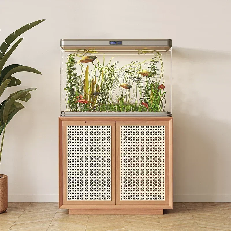 Solid Wood Rattan Living Room Aquarium Base Cabinet Aquarium Base Storage Customization Office Company Fish Tank Table Shelf