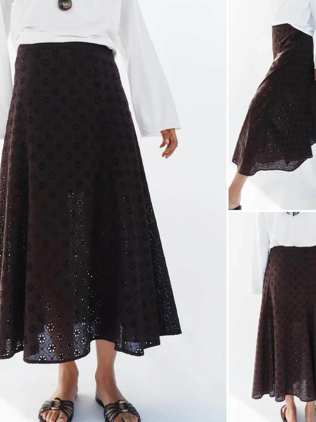 Casual Fashionable Embroidered Hollow out A-Line Midi Skirt Spring 2026 Women's High Waist Polyester Fiber City Walk Skirt
