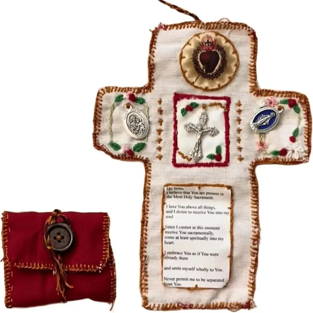 

Miniature Shrine Ornaments With Cross Pocket Shrine With Silver Cross Included Inside, Prayer Quilt Christian Spiritual Gifts