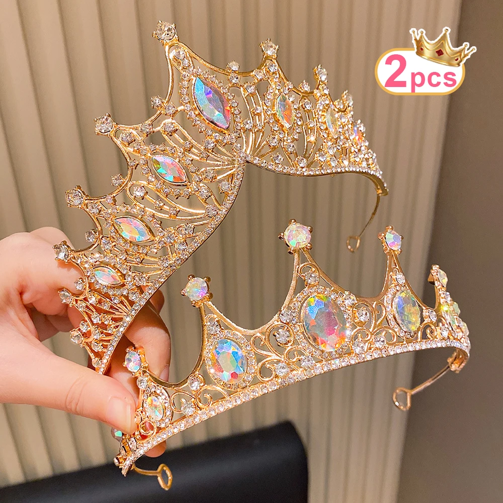 

2pcs Glittery Golden & Multicolor Party Crowns for Women - Sparkling Rhinestone Tiara Headbands for Birthdays, Costum