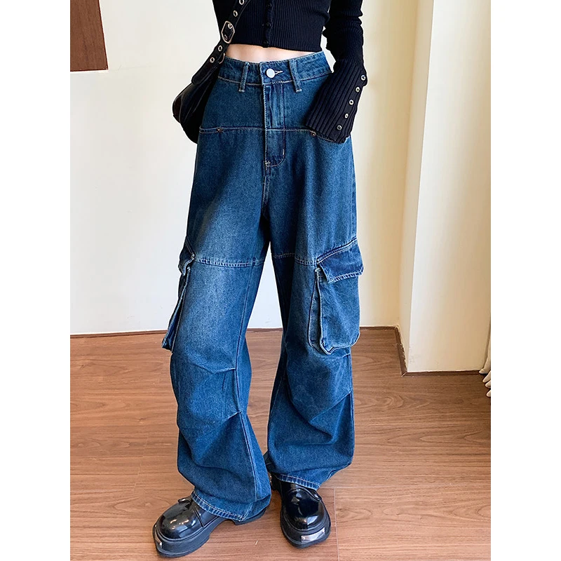 

Multi-pockets Women's Jeans 2026 Spring 100% Cotton American Style High Street Cargo Pants High Waist Casual Wide Leg Trousers