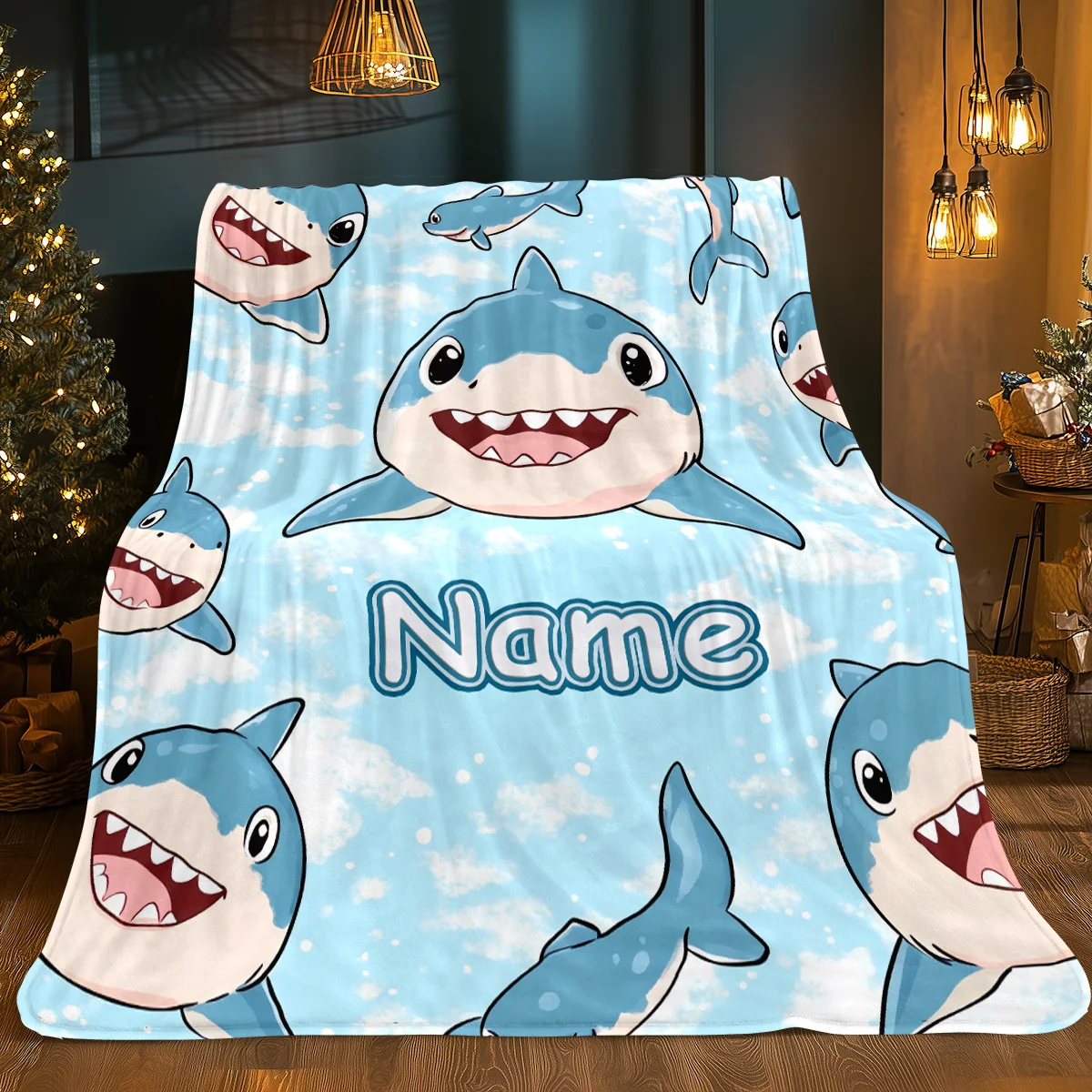 Customized name cute cartoon shark blanket, digital print, suitable for sofa beds, travel camping, living rooms and offices
