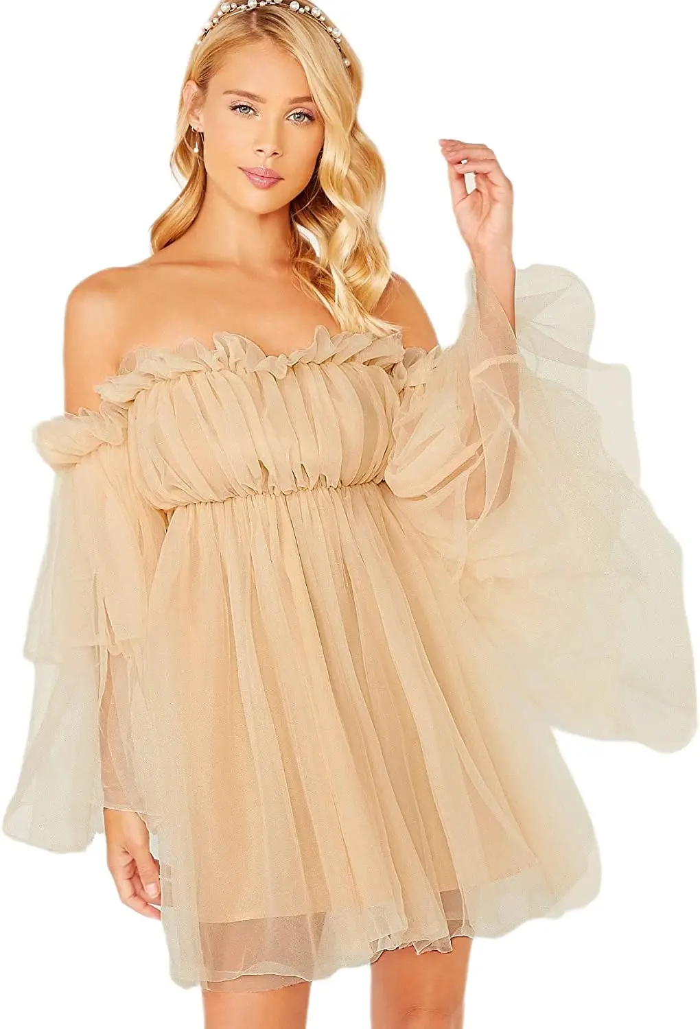 

NEW S-5XL Women's Romantic Off Shoulder Flounce Long Sleeve Wedding Ruffle Mesh Party Mini Dress