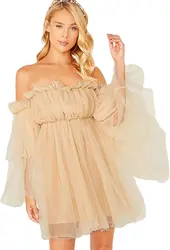 NEW S-5XL Women's Romantic Off Shoulder Flounce Long Sleeve Wedding Ruffle Mesh Party Mini Dress