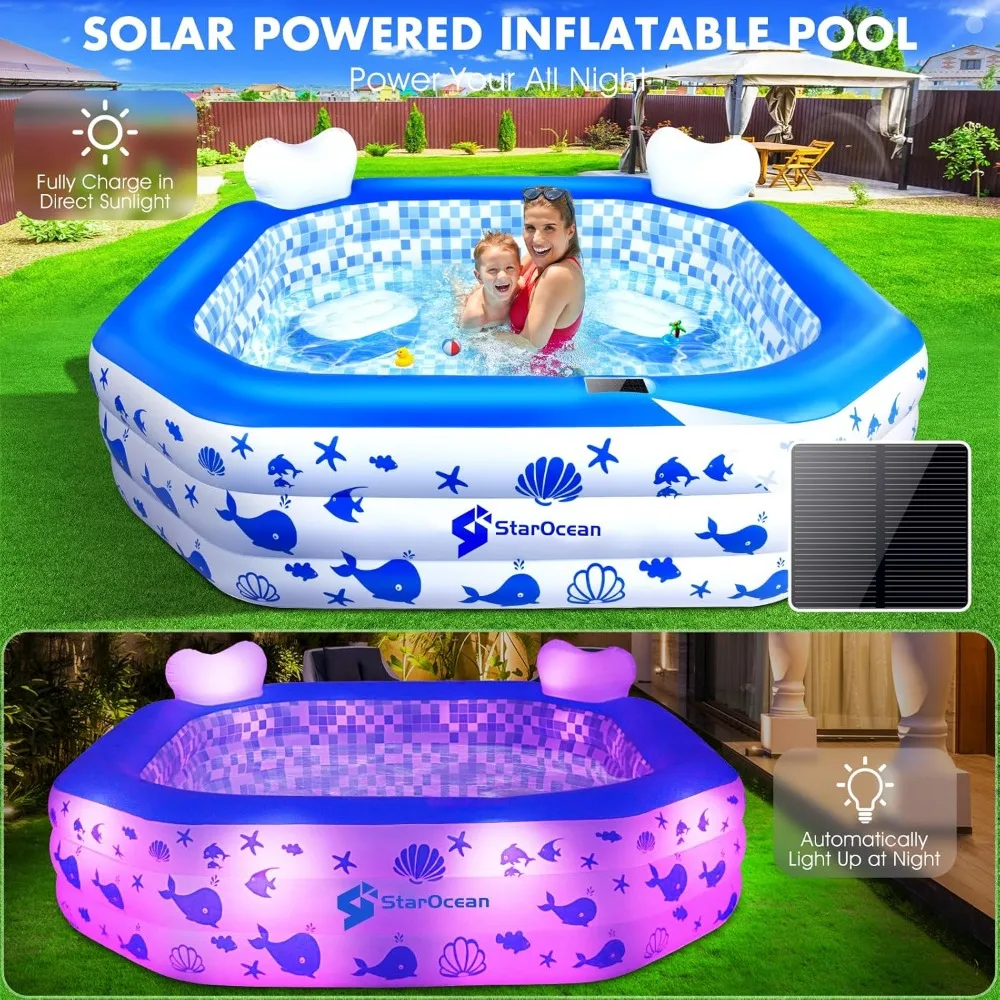 Inflatable Pool with Lights,2024 Solar Inflatable Swimming for Kids,Adults,Blowup w/Remote Control,Large Kiddie