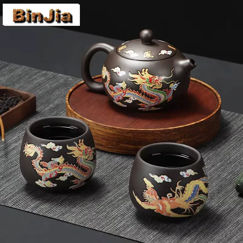 Kungfu Tea Pot Hand-made Dragons Phoenixs Color-changing Purple Clay Teapot Easy Cleaning Gongfu Gift For Lover Equipment  Craft