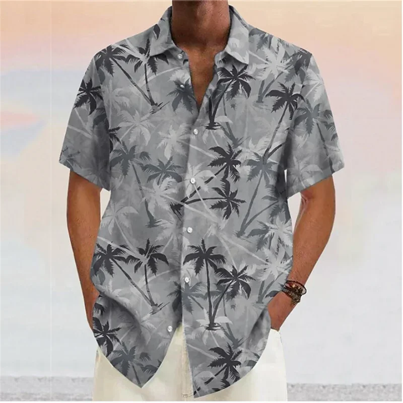 Men\'s Shirts 2024 Coconut Tree Print Lapel Button Down Shirt Red Hawaiian Short Sleeve Fashion Designer Casual Soft 7 Colors Sum