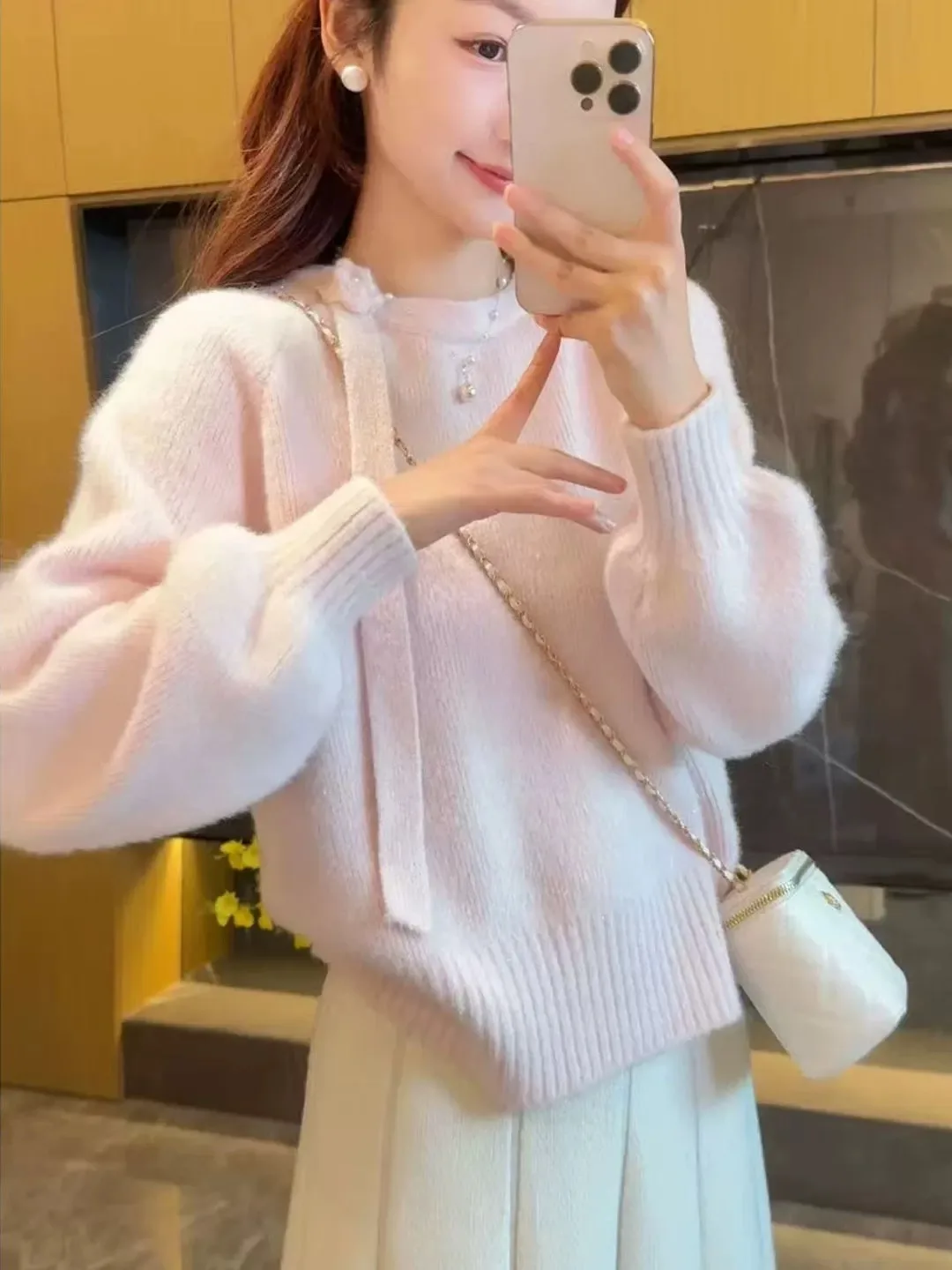 

Мягкий уютный женский свитер на голову, свободный ленивый осенне-зимний внутренний свитер, вязаный одяг с розовой лентой, модный Fem Faion