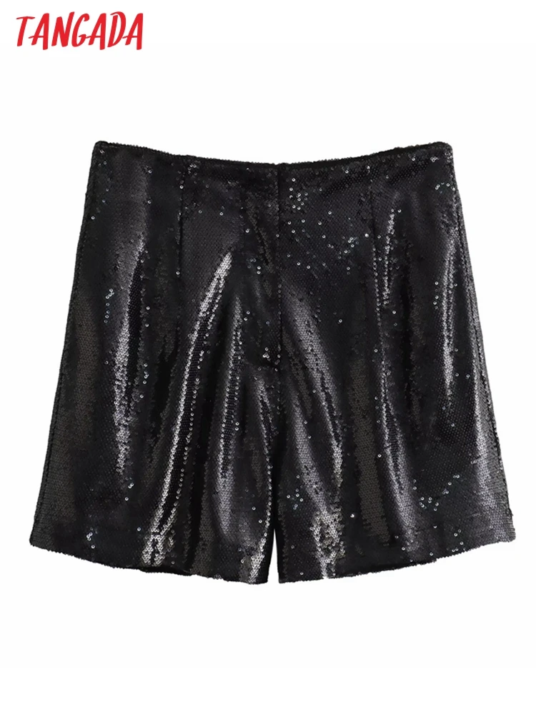 Tangada 2023 Women Black Beading Shorts High Waist Female Party Shorts QD200