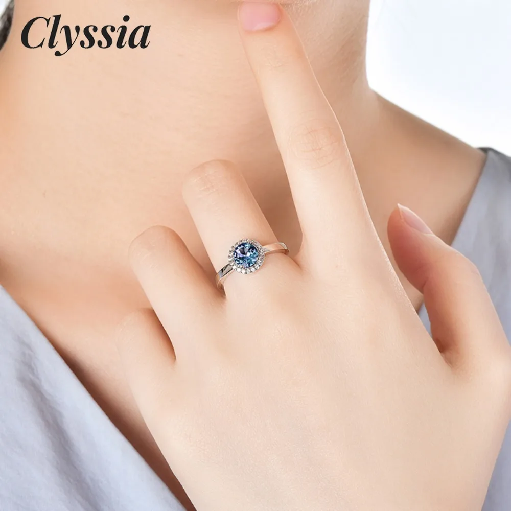 

CLYSSIA Silver 925 Fashion Women Jewelry Round Halo Color Change Alexandrite Gemstone Classic Ring for Wedding Birthday Gifts