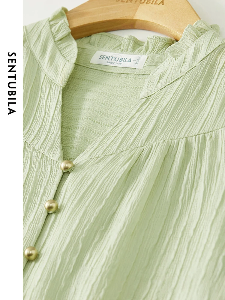 SENTUBILA Button Up Shirt & Blouse Light Green Elegant Stand Collar 2024 Autumn Solid Long Sleeve Tops Woman Clothing 143C56411X