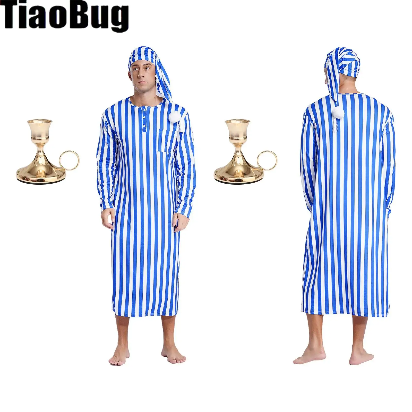 

Men Christmas Stripe Sleepwear Sleep Dress Long Sleeve Loose Pajama Robe with Pointed Hat Candle Holder Candlestick Costume Set