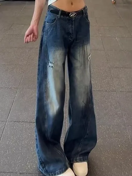 

American Retro Blue Knife Jeans Men's Summer Tall Leg Lengthening Straight Loose Wide Leg Micro Flared Pants