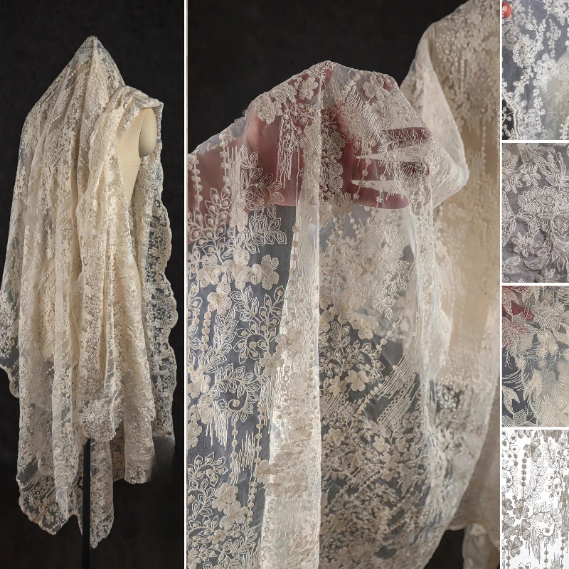 

Embroidered Floral Chiffon Lace Mesh Fabric Apricot Transparent Dress Fashionable Half Skirt Wedding Dress Designer Fabric