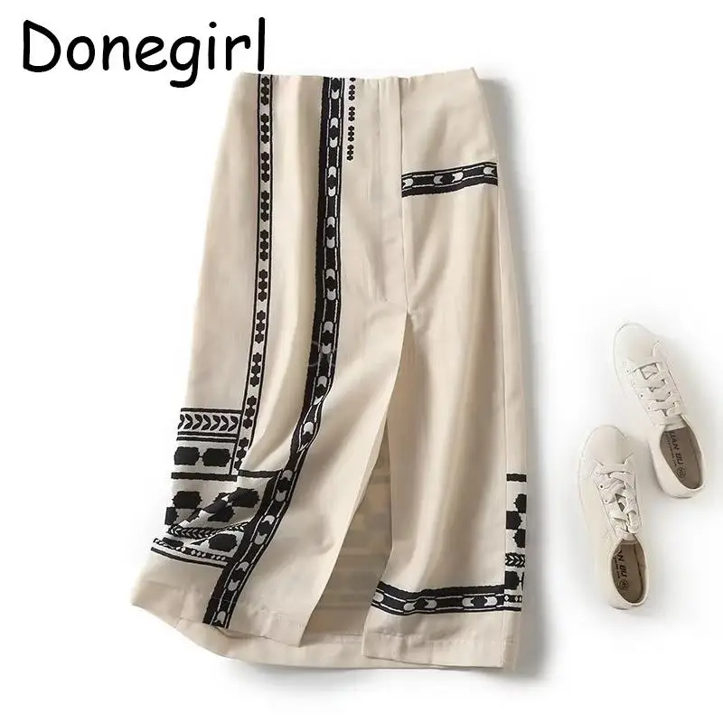 Donegirl 2023 Women New Spring Summer A-line High Waist Casual Slim Bohemian Printed Midi Skirt Slit Versatile Feamle Chic