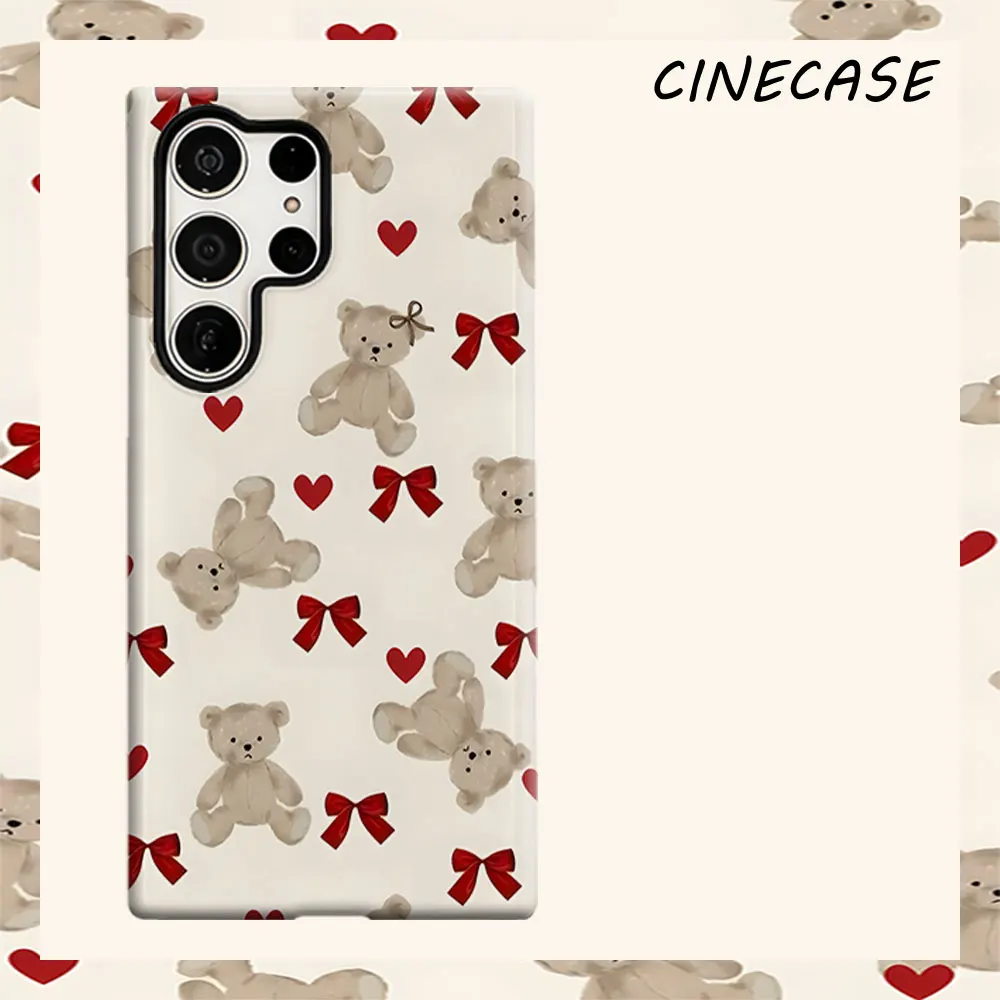 Red Bow Bear Print For Samsung Galaxy S26 S25 S24 A56 A36 Dual Layer Luxury Fashion Full Lens Protective Case