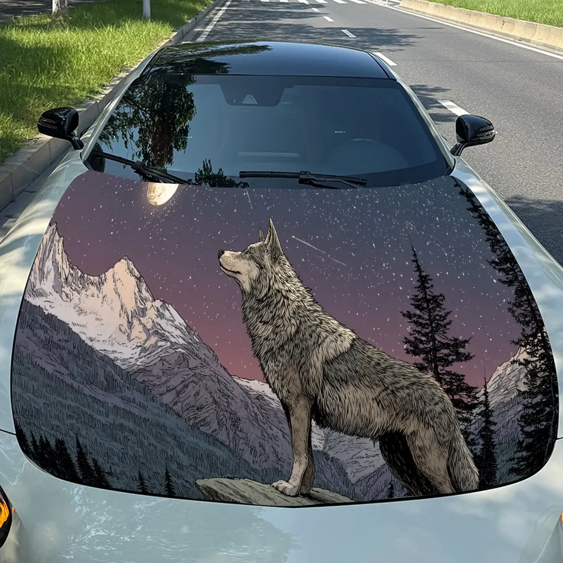 

Наклейка на капот двигателя автомобиля Howling at Mountain Moon, автоматические виниловые обертки, водонепроницаемая самоклеящаяся наклейка на автомобиль, прочная и анти-