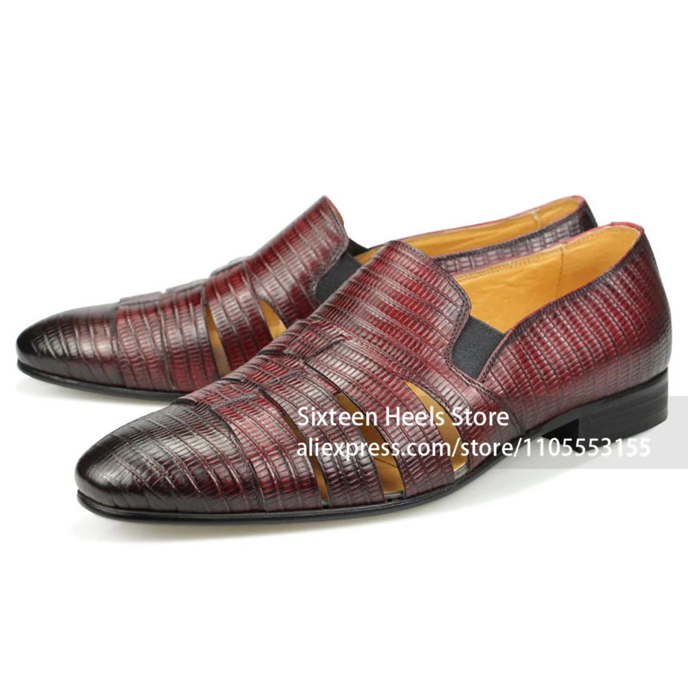 Men's Burgundy Lizard Embossed Cutout Dress Sandals Slip on Loafer Sandals Low Block Heel Formal Shoes Vintage Summer Slippers