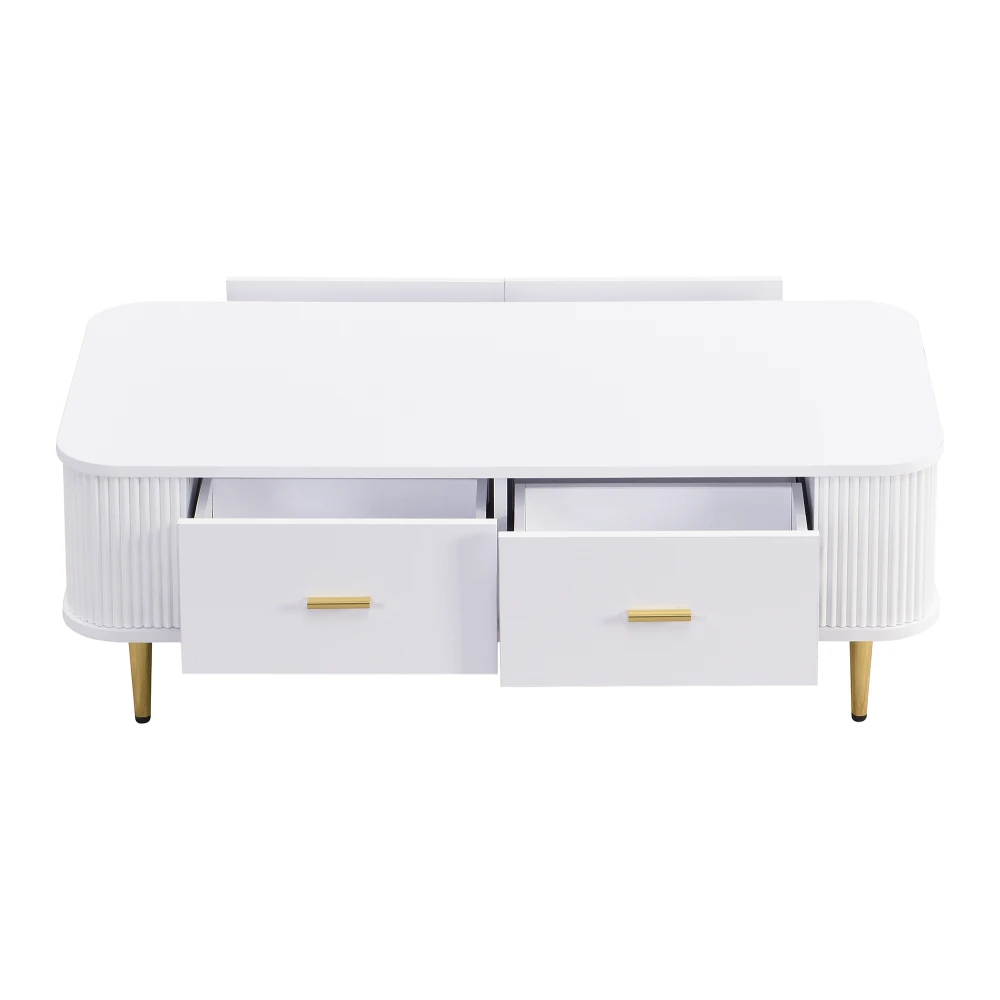 Gebogener Eck-Wohnzimmertisch, goldene Hardware, gewellte Seiten, Doppelfunktions-Couchtisch und Beistelltisch mit Schubladen – Detail 19