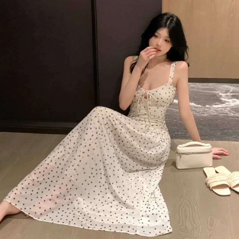 Damen Slip Maxikleid mit Schleifenband und Ausschnitt, Schmetterlingsknoten, Polka Dots, modisches A-Linien-Kleid, raffiniertes Strandkleid für Frauen