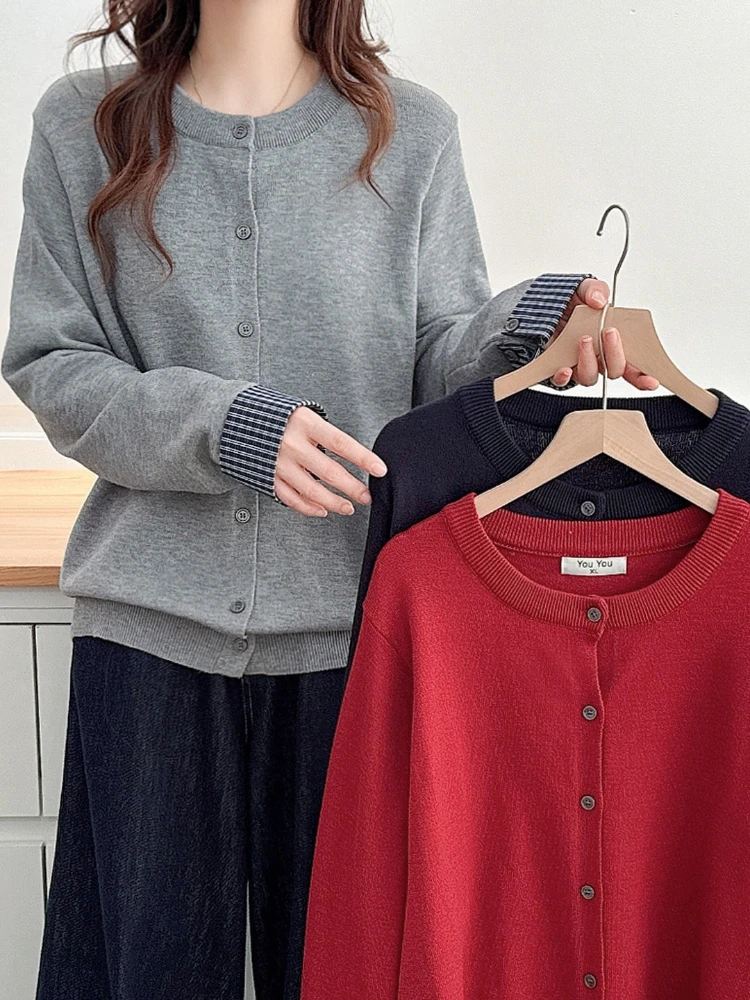 Casual Solid Outerwear Tops Autumn Winter Check Sleeve Spliced O-Neck Long Sleeve Knit Women Cardigan Trendy Versatile Sweater