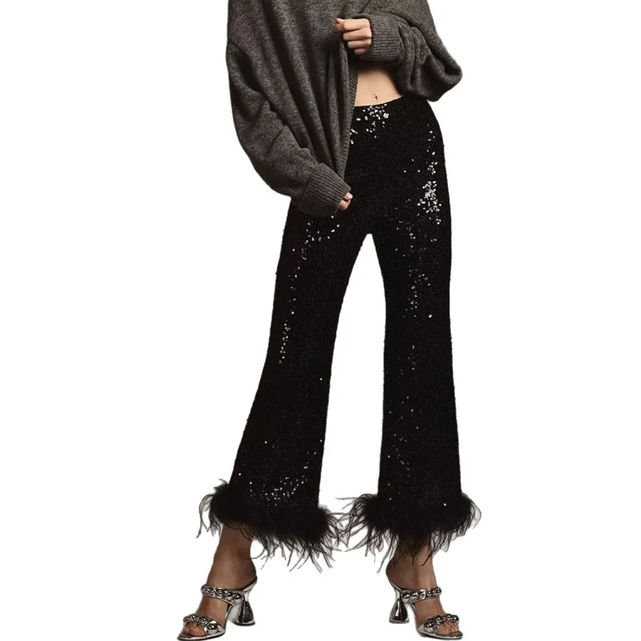 Women's Sequin. Long Pants. With [unk]fringed[unk] Trim, Fashionable Low-waist,   Slim-fit For Evening Wear, 8222 Femme Maxi