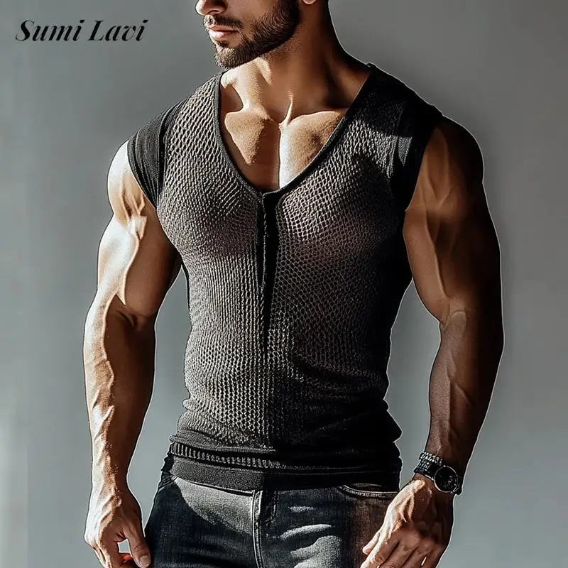 Party Fashion Mens Sleeveless Mesh Camisoles Summer Vintage Hollow Out Mesh Tank Tops Men Sexy Transparent Mesh V Neck T-shirts