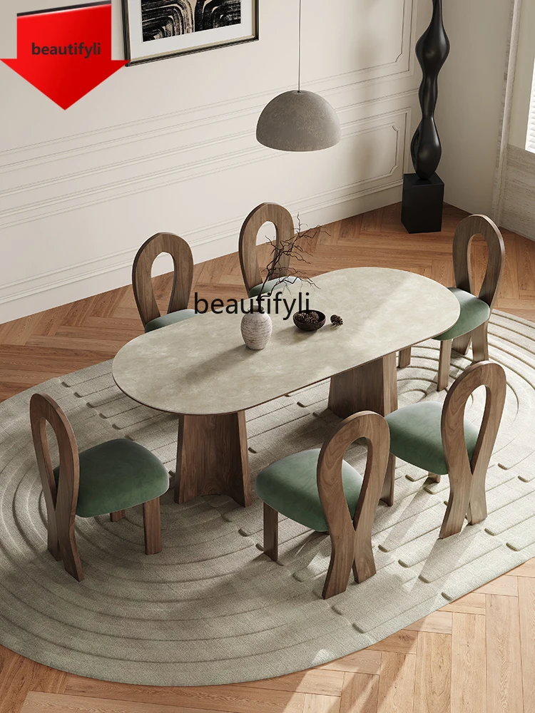 

a13 French Retro Stone Plate Dining Table Oval Restaurant Black Walnut Quiet Style Household Small Apartment Solid Wood Dining T
