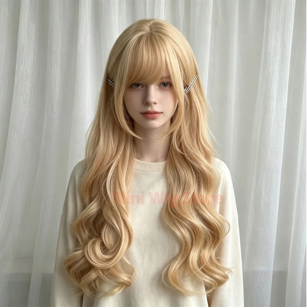 Blonde Long Wavy Synthetic Wig Nature Curly Hair For Women Cosplay Lolita Party Halloween Christmas Daily Use Heat Resistant