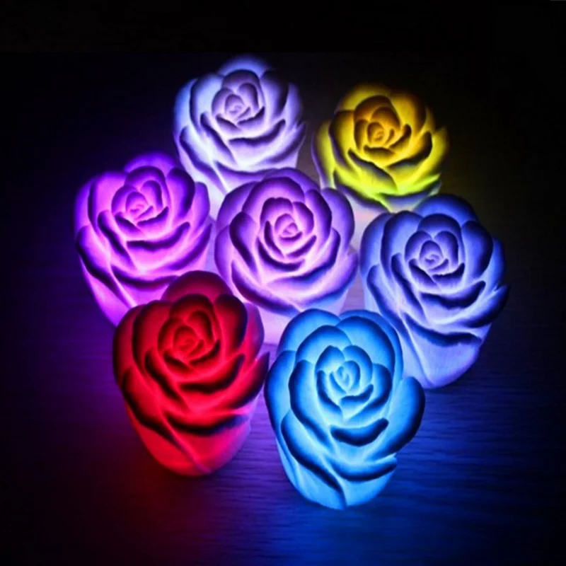 Romantic Color Changing LED Rose Flower Candle Night Light for Birthday Party Holiday Wedding Indoor Decoration Lamp