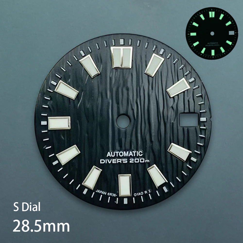 28.5mm S Logo Bark Dial Suitable For NH35/NH36/4R/7S Japan Movement Green Luminous High Quality Watch Refit Accessories
