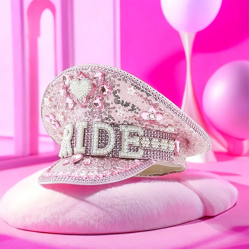 

Women Pink Bride Captain Hat Military Cap Fashion Sergeant Bridal Ha Festival Birthday Part Hat Luxury Rhinestone Captain Cap