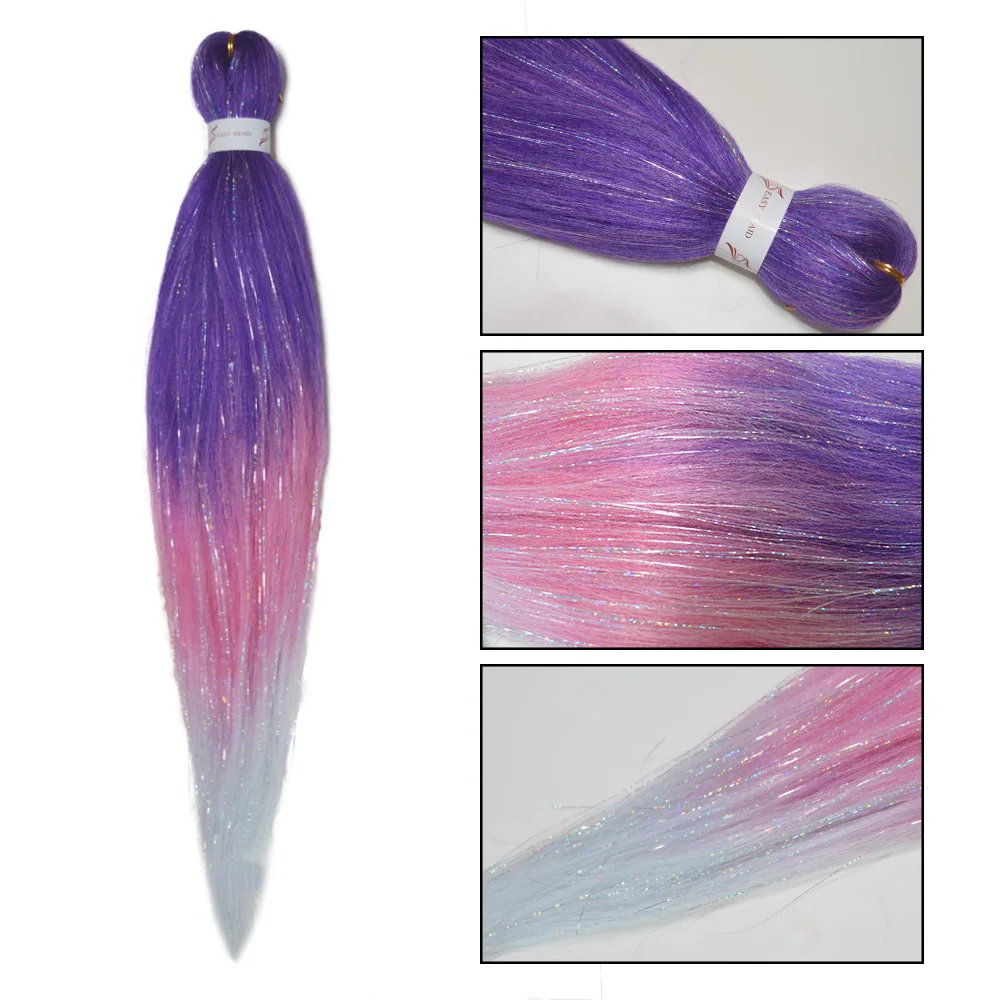 Purple Pink White 3 Tones Ombre Straight Braids Blend Hair Tinsel Festival Rave Hair Extensions for Girls Crazy Hair Day Braids