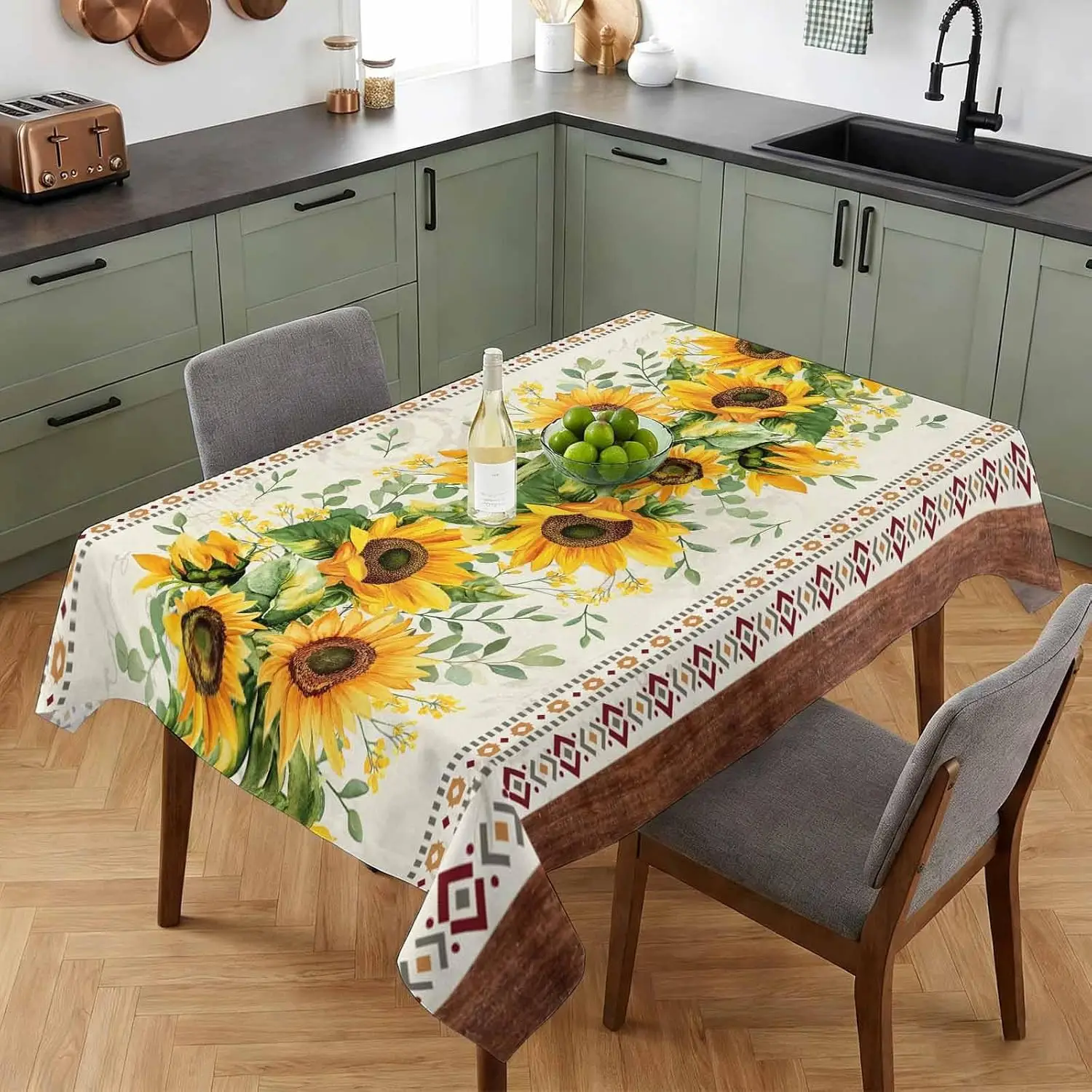 Summer Sunflower Green Leaves Rectangle Tablecloth for Table Decor Boho Stripe Brown Wood Grain Printed Table Cloth Party Decor