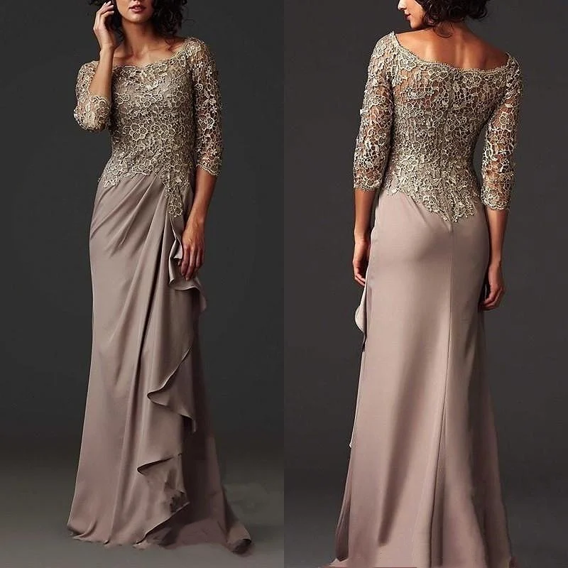 

2022 Brown Mother Of The Bride Dresses O-Neck 3/4 Sleeves Pleat Chiffon Appliqued Lace Formal Party Groom Mother Evening Gown
