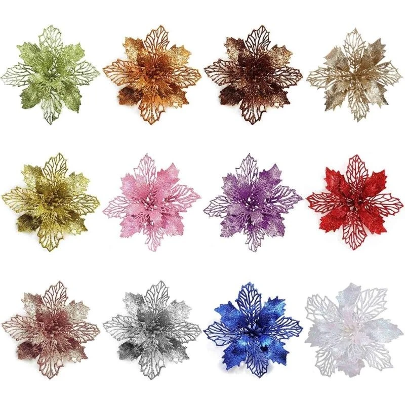 G92C 9cm Glitter Poinsettia Poinsettia Flower Decoraciones árboles Navidad para adornos coronas Navidad Fiesta